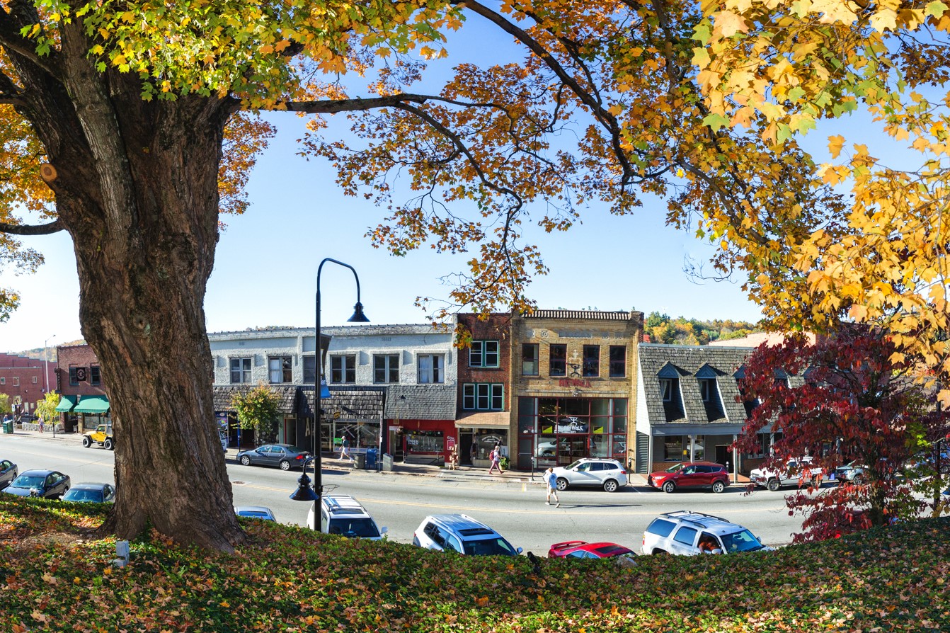 Downtown Boone storefronts and fall foliage viewed from beneath a large tree with colorful autumn leaves.