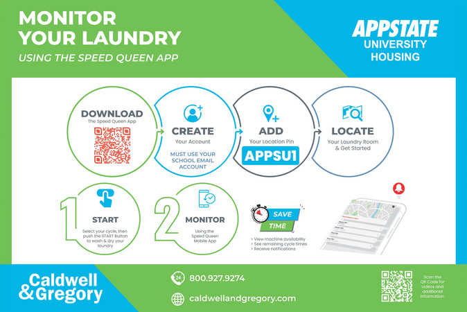 Infographic showing how to monitor laundry using the Speed Queen app, from setup to cycle notifications.