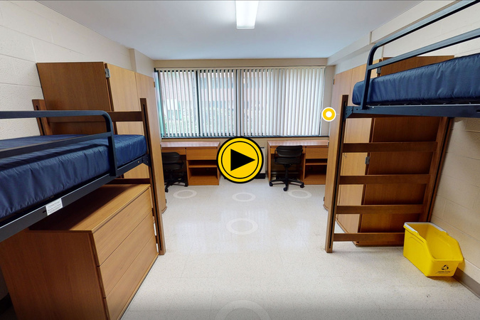 Virtual tour preview of Dogwood Residential Hall with bunk beds, furniture and storage.