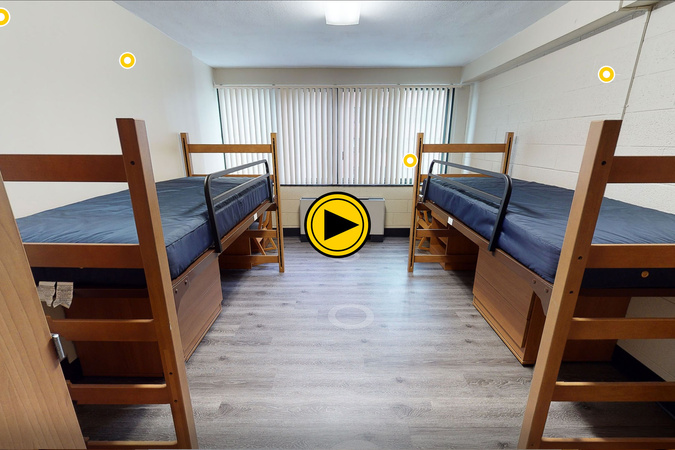 Virtual tour preview of Doughton Residential Hall with bunk beds, furniture and storage.