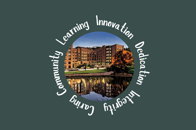 University Housing core values surrounding a residence hall image: Caring, Community, Learning, Innovation, Dedication, and Integrity.