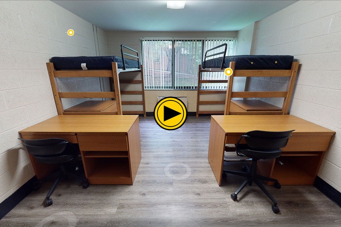 Virtual tour preview of White Residential Hall with bunk beds, furniture and storage.