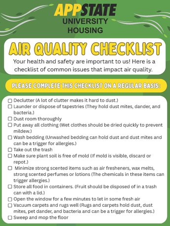 Air quality checklist infographic with tips for reducing dust, allergens, moisture, and indoor air quality concerns.