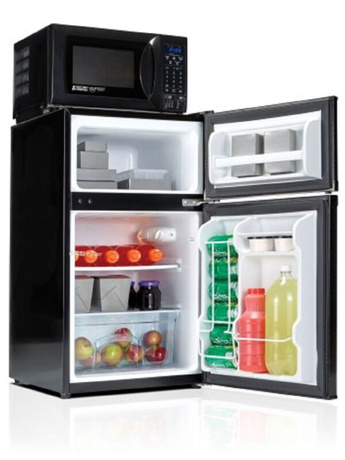 MicroFridge unit with microwave, freezer, and refrigerator doors open showing storage space.