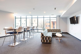 Laurel Creek Hall study lounge with tables, chairs, soft seating, television and large windows.