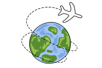 Airplane flying around a globe with a looping flight path, shown in a simple travel-themed illustration.