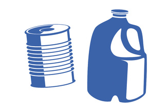 Metal can and plastic jug shown as recyclable containers accepted in mixed recycling collection.