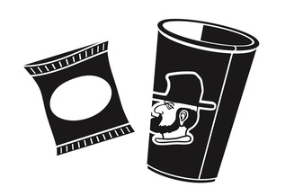 Snack wrapper and disposable beverage cup shown as examples of landfill waste that belong in the trash.
