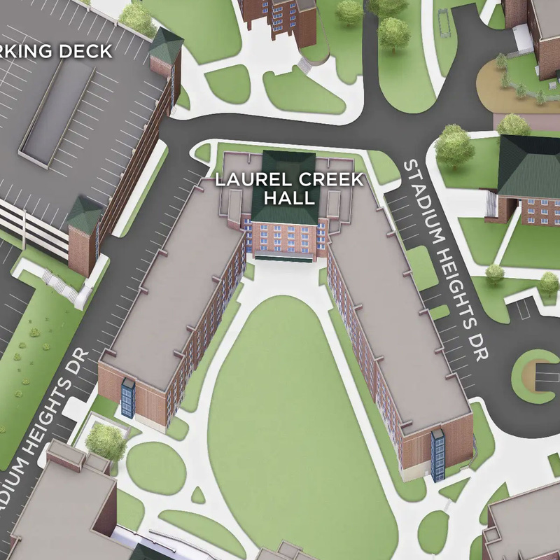 Campus map showing Laurel Creek Hall near Stadium Heights Drive at App State.