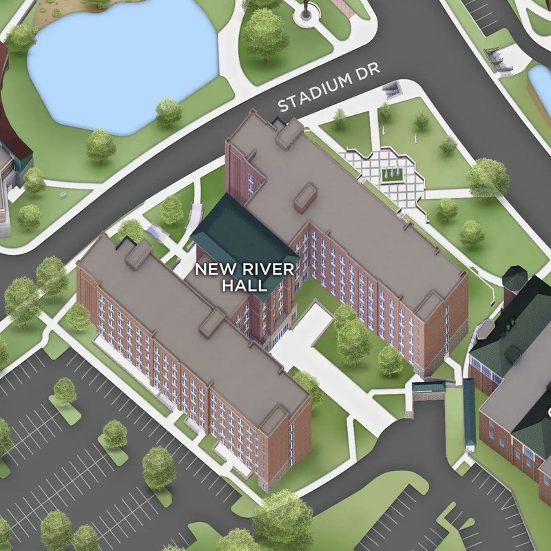 Campus map showing New River Hall near Stadium Heights Drive at App State.