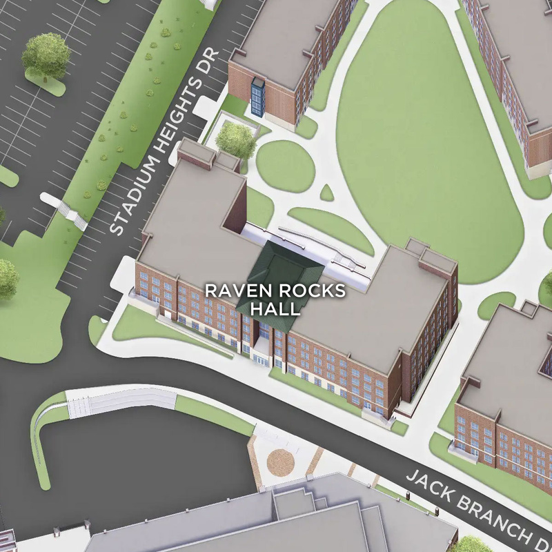 Campus map showing Raven Rocks Hall at App State.