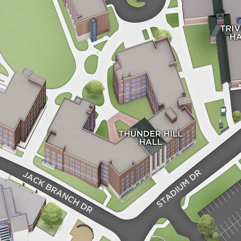 Campus map showing Thunder Hill Hall at App State.