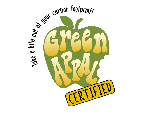 Green Appal Certified logo with bitten apple and the slogan "Take a bite out of your carbon footprint!"
